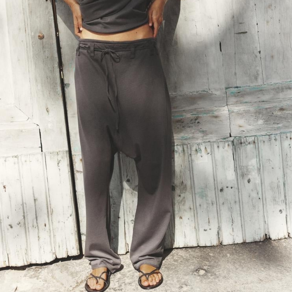 Zara Gray Cotton Tie Waist Harem Wide Leg Lounge Pants Size Large